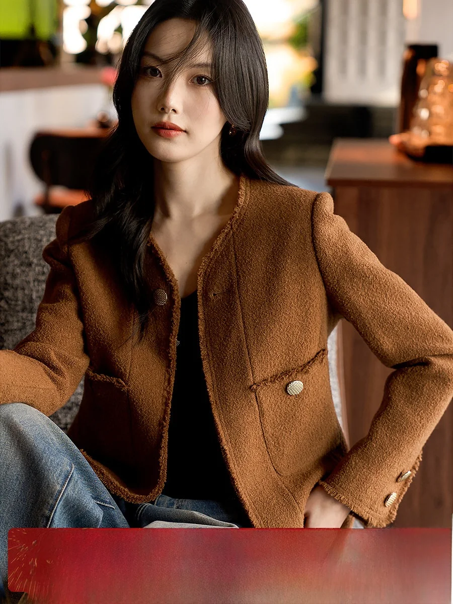 

XiaoHanGe Thousanold Series Mined ort Woolen Jaet Women's Autumn Winter Faion Vintage Sle Cacao Brownie Coat