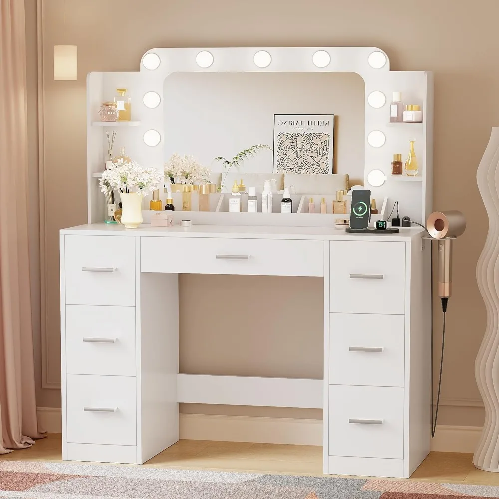 

Dressing Table with Large Mirror, Power Socket, and 11 Lights, Dressing Table with 7 Drawers and 3 Desktop Storage Units