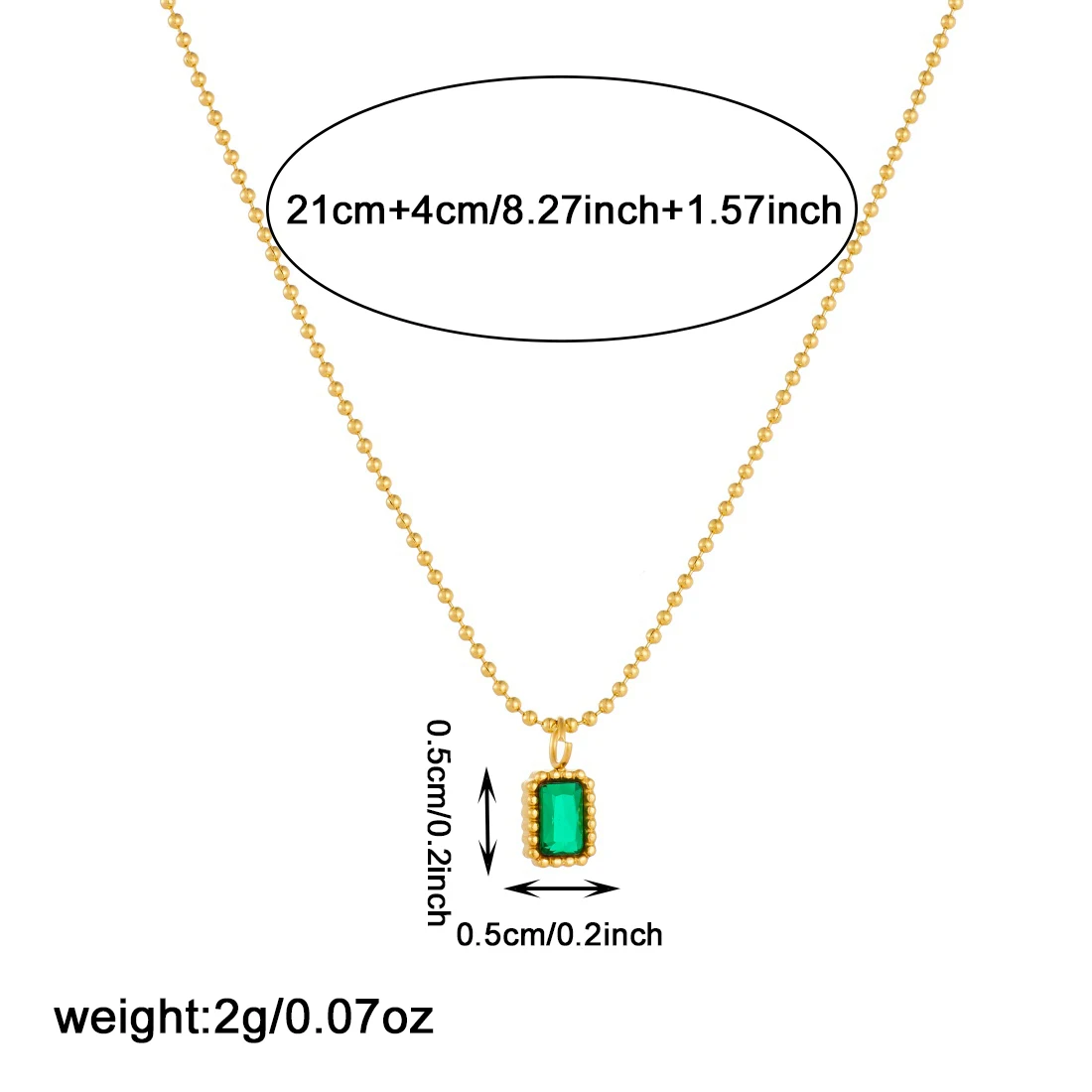 Green Crystal Inlay Square Rectangle Pendant Necklace Lady 316L Stainless Steel Profound Elegant Waterproof Jewelry