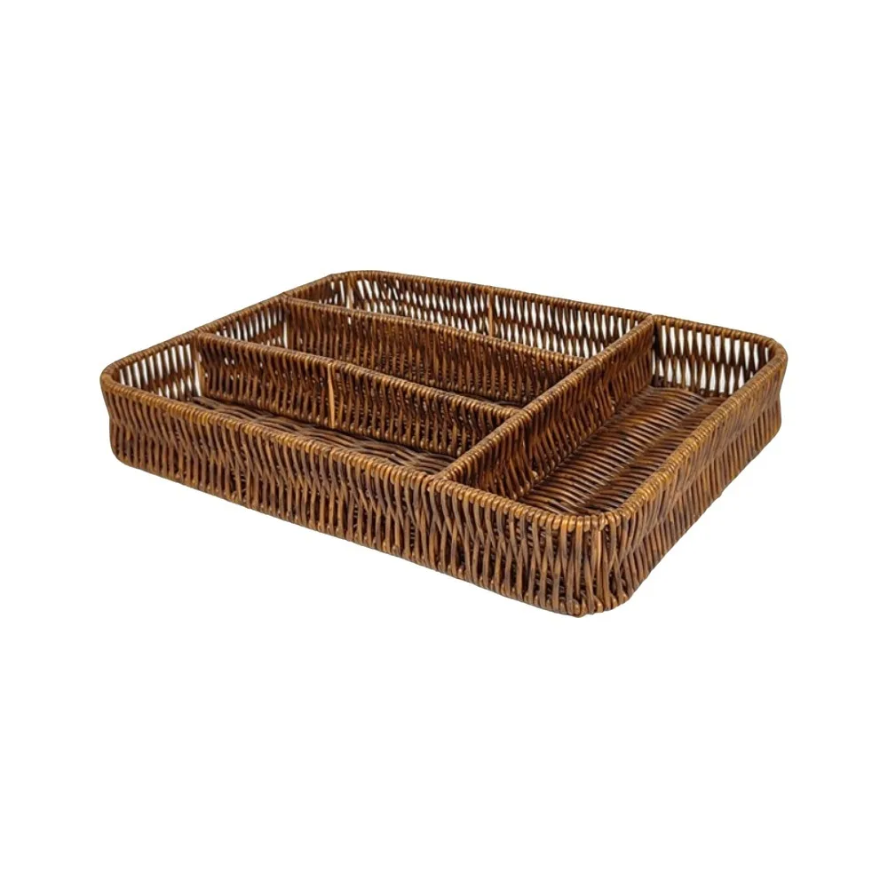 Durable 4 Grids Plastic Woven Storage Basket Rectangular Anti-Slip Kitchen Drawer Organizer Washable Cutlery Organizer Spoons