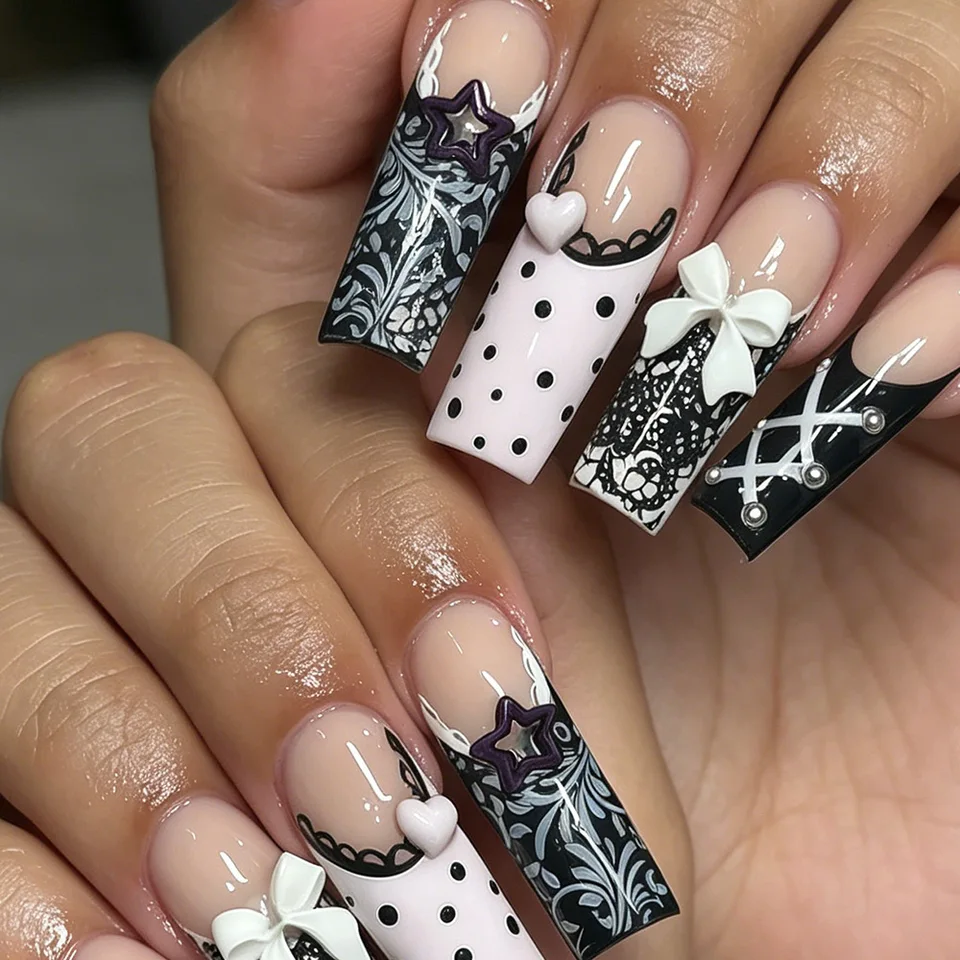 24 piezas de uñas postizas largas cuadradas con diseño francés de leopardo, cerezas 3D y estrellas, desmontables 5