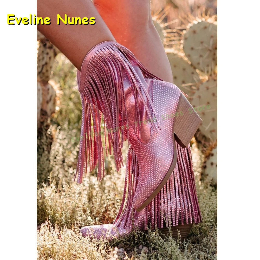 

Rhinestone Fringe Fashion Catwalk Boots Pointed Toe Chunky Heels Pull On Sexy Blingbling Women Ankle Boots 2025 New Style Autumn