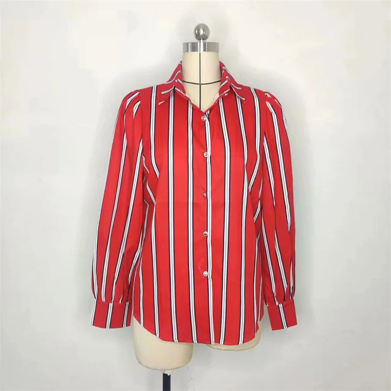 Oversized XXL Camisas White Red Striped Blouses for Women Dressy Casual Button Down Long Sleeve Spring Shirts Blusa Feminina