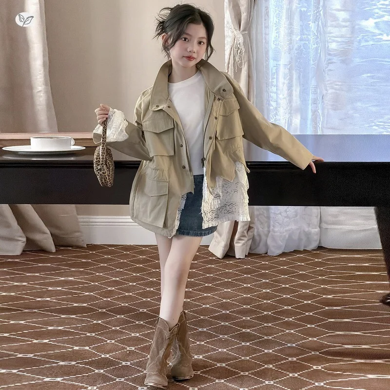 Girls Korean Lace Spliced Trench Coat Autumn Kids Stand Collar Windbreaker Outerwear Fashion Children Casual Loose Jacket