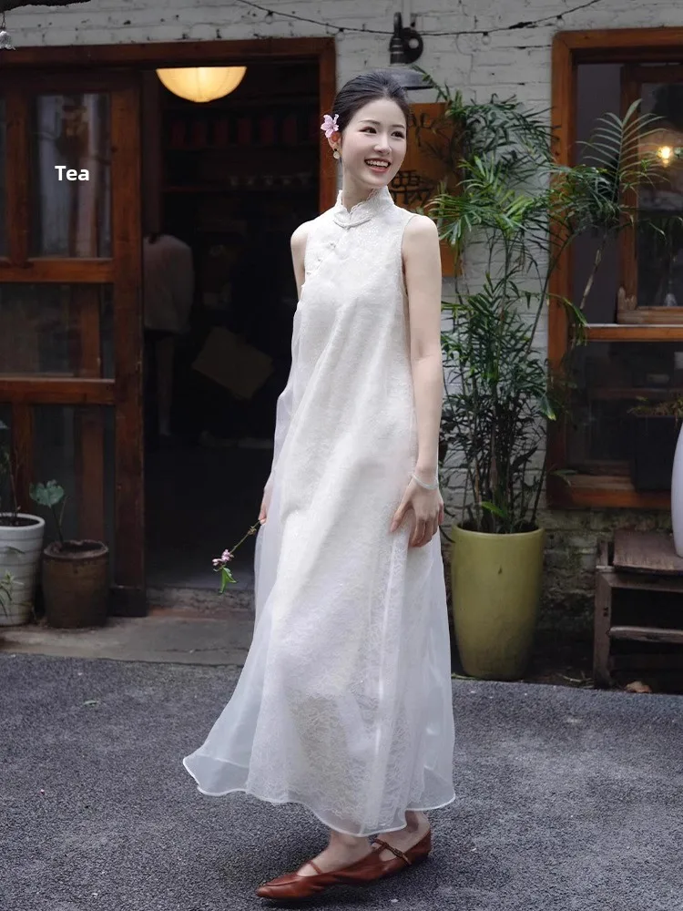 Été nouveau chinois Zen Sle mariage Dr blanc Svel Qipao dentelle jupe longue pour les femmes taille haute a-ligne robe