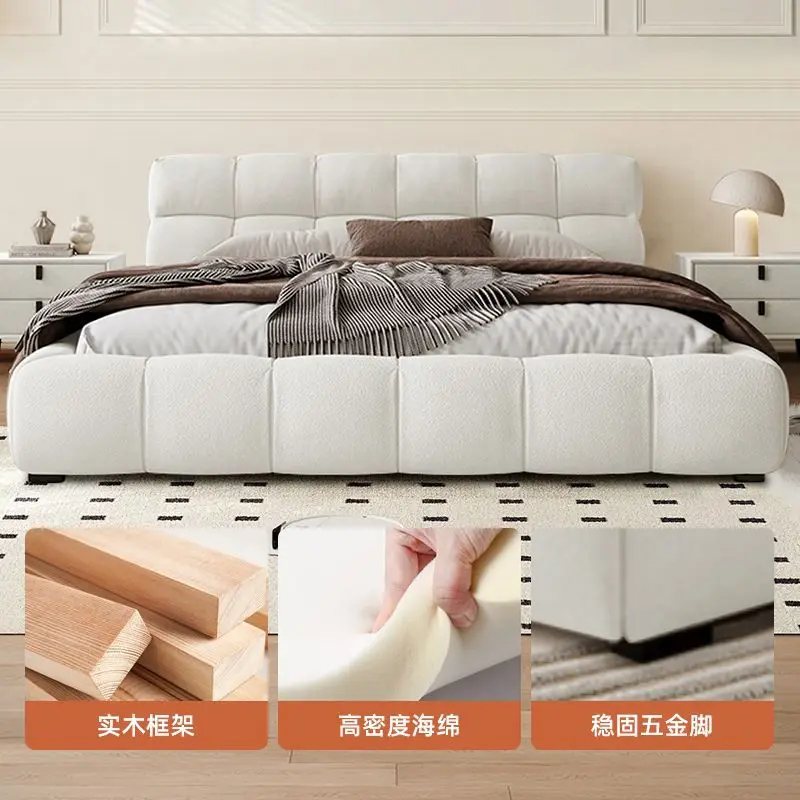 Cream wind puff bed, simple and modern master bedroom double 1.8 meters master bedroom high-end atmospheric puff fabric bed