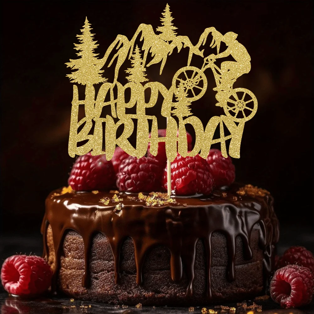 1pc Golden Glittering Retirement Cake Topper for Happy Birthday Cycling Mountain Bike Outdoor Adventure Theme Cake Decorations