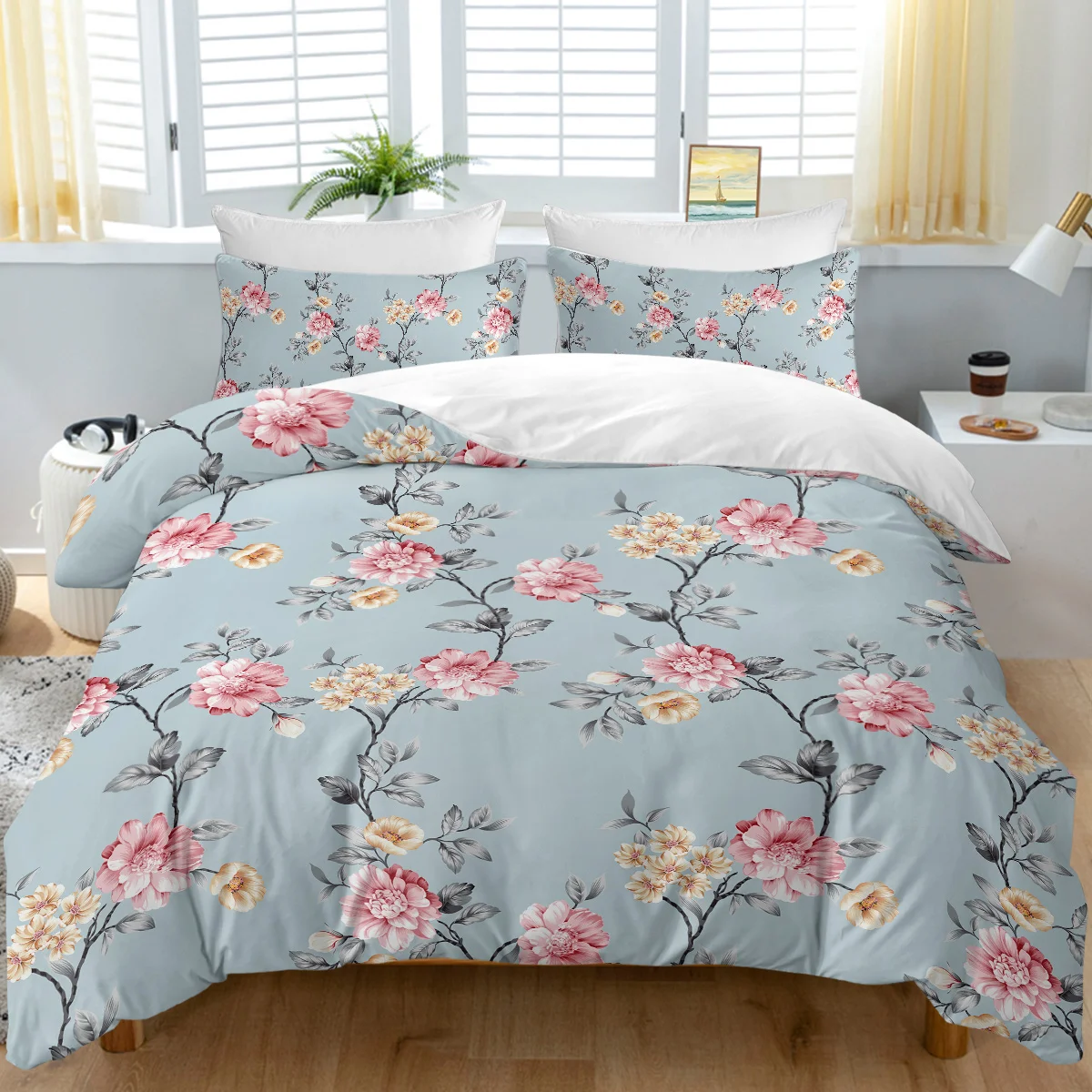 

3pc Pink and Yellow Flowers on Blue Background Design Bedding Set Quilt Cover with Zipper Closure and 2 Pillow Cases