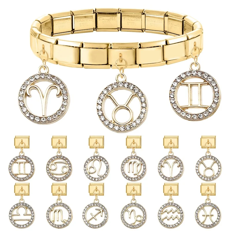 12 Constellation Zircon Gold Color Aries Taurus Libra Italian Charm Links Fit 9mm Bracelet Stainless Steel Jewelry DIY Making