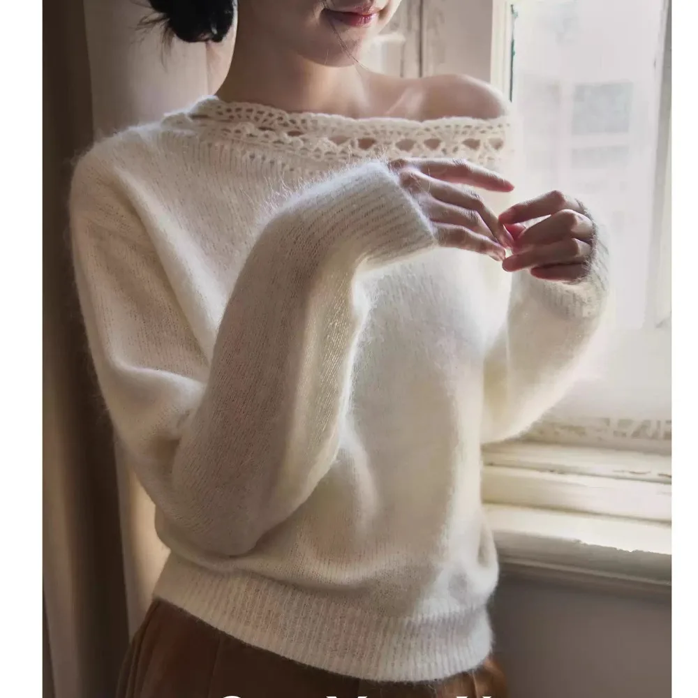 

Fashionable Sweater French Hazy Alpaca Wool Simple Elegant Handmade Crochet Diagonal Shoulder Knitted Cover Sweater