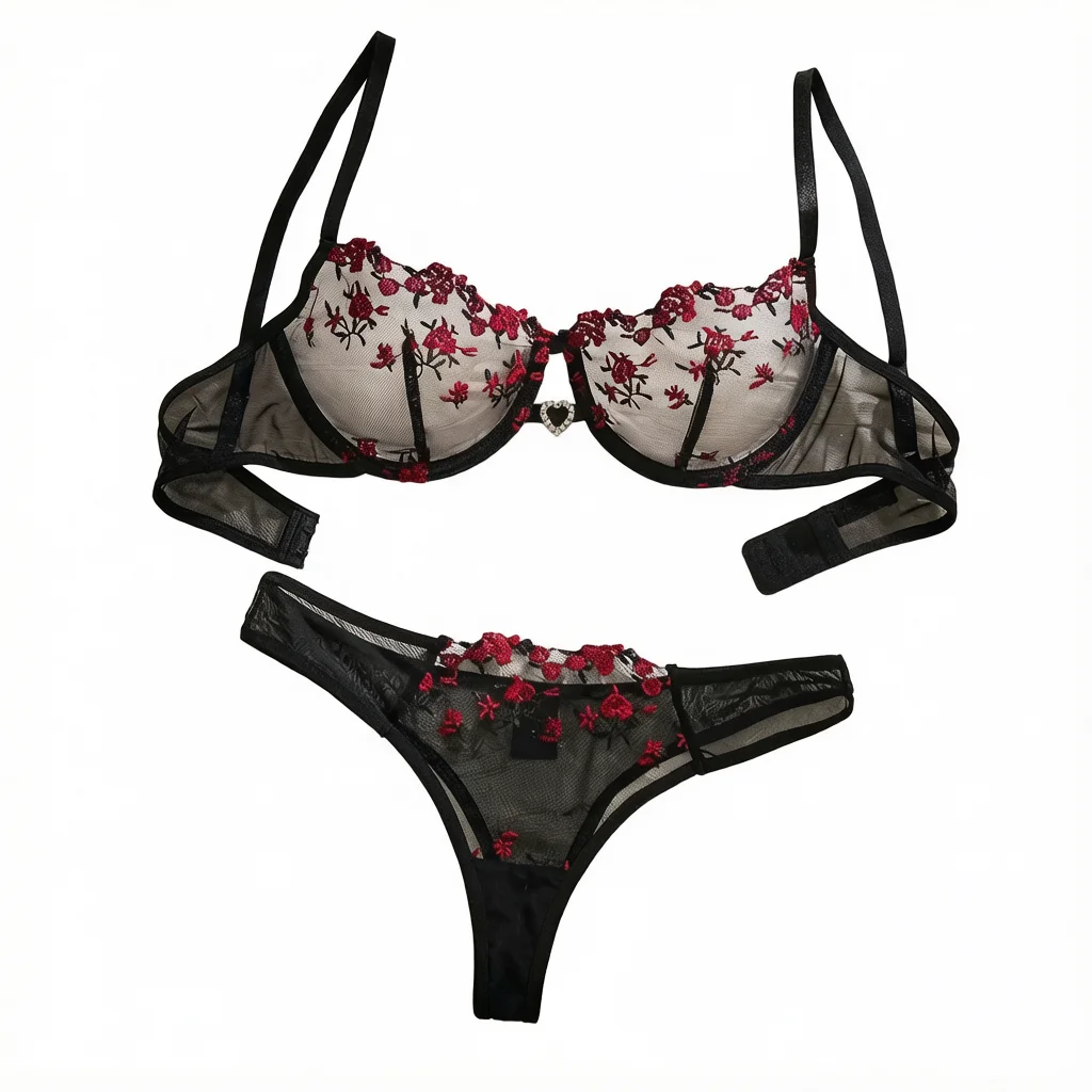 A Set of Black Sexy Lingerie, Featuring Floral Patterns, Combining Allure and Sensuality in One ZA824028