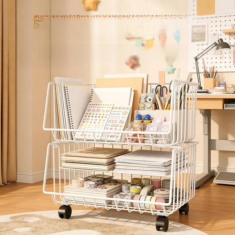 Kitchen Multi-layer Storage Basket Hollow Iron Art Basket with Wheels Pulling Vegetable Fruit Miscellaneous Goods Basket