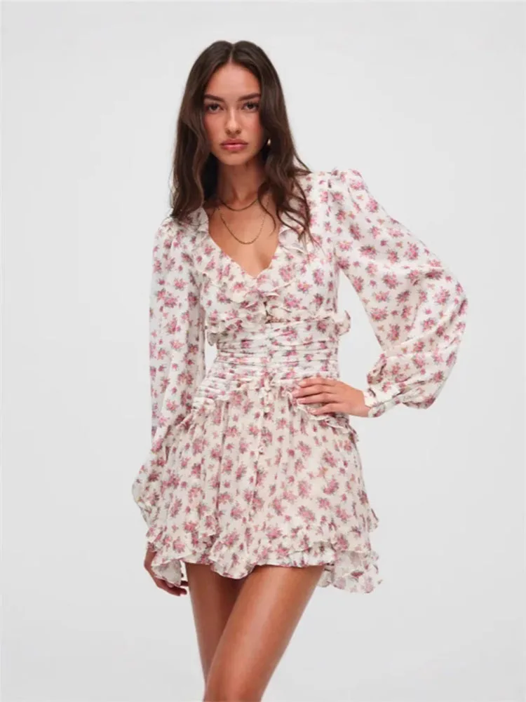 Spring Autumn Boho Floral Print Ruffle Mini Dress Women Front Button Long Sleeve V Neck Dresses Holiday Robe Short Vestidos