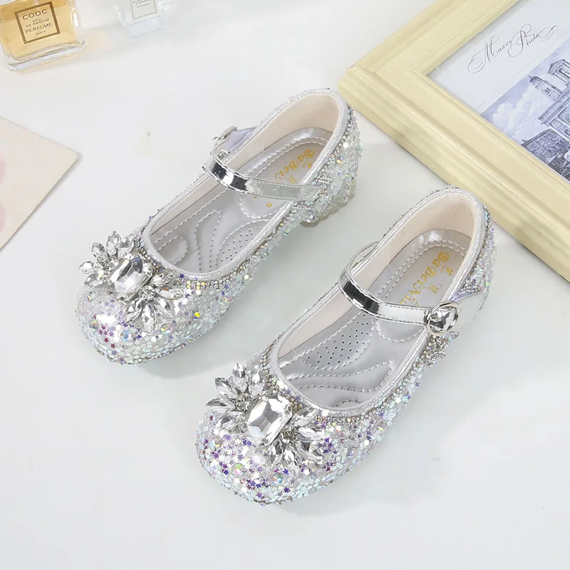 Girls Leather Shoes Fashion Flat Child New Sequin Flash Single Shoes Little Kids Crystal Princess Footwear Wedding Party Shoes