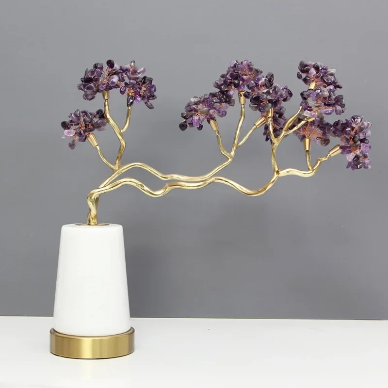 Crystal Tree Colored Natural Crystal Artificial Golden Tree Handcraft Metal Decorative Figurines Home Decoration Accessories