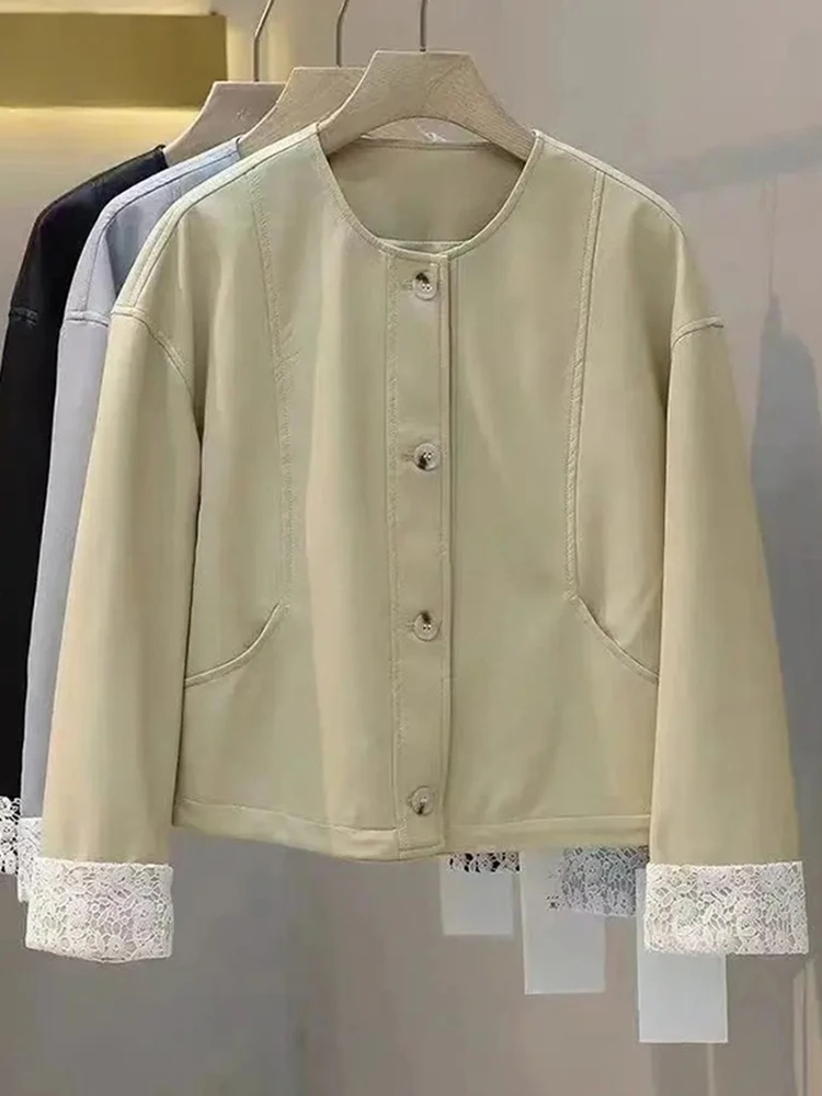 

Casual Lace Sve Cap Splicing Leather Jaet Women's Faion Spring New Single Button Sli Versatile Top Commute Sle L...