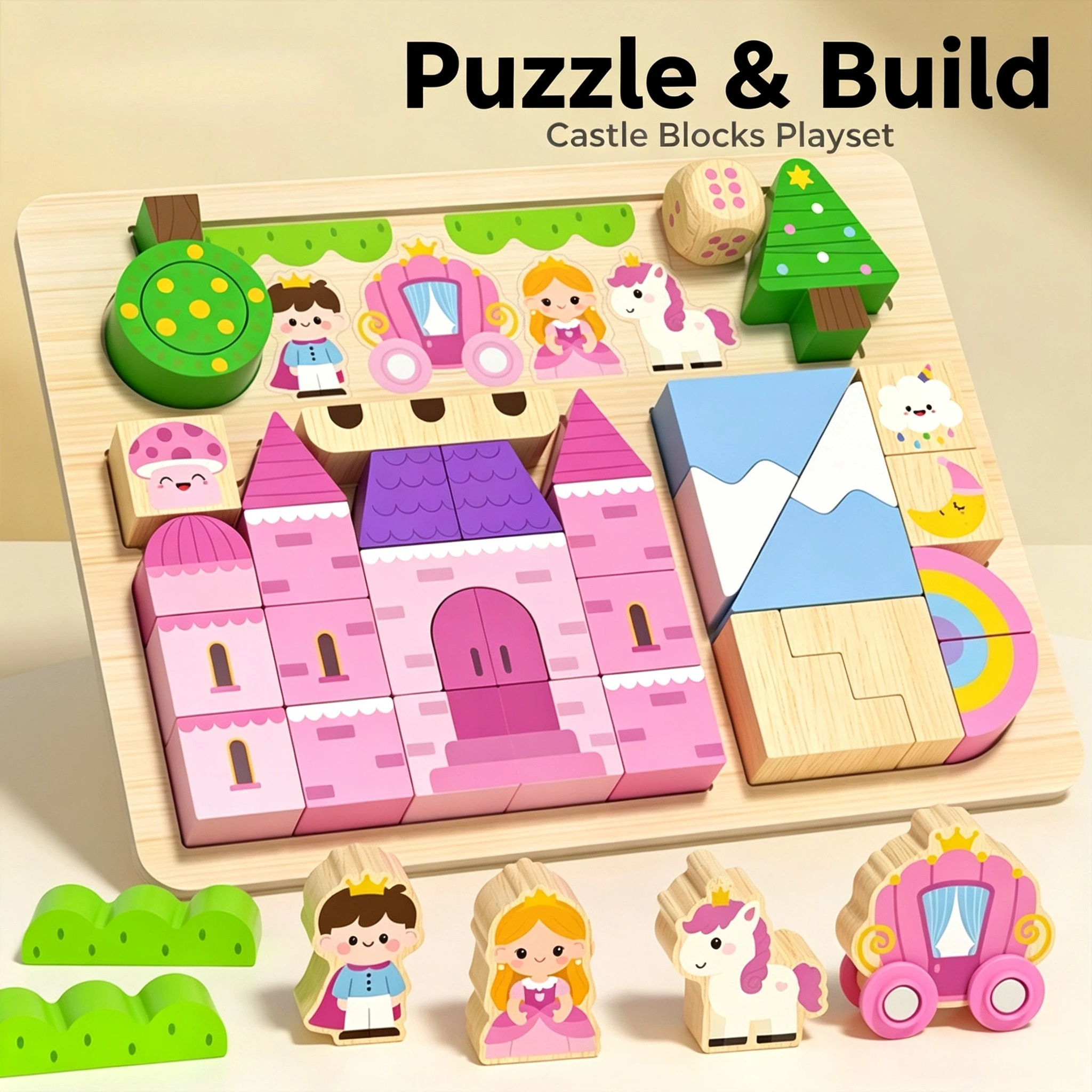 1Pc Natural Solid Wood Large Castle Blocks, Toddler Educational Building Toy, Creative DIY House Construction Gift Box