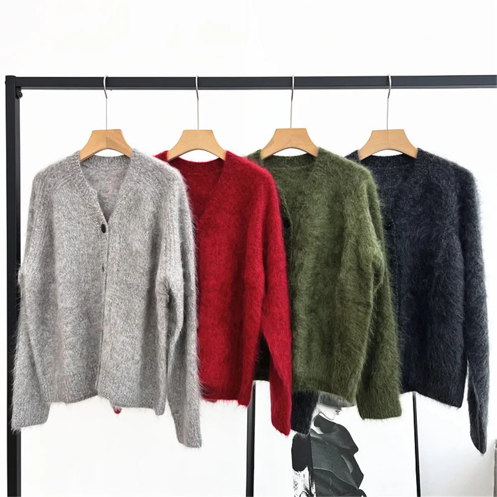 Women's Brushed Cardigan Sweater V-Neck Button Raglan Long Sleeve Loose Cashmere Knit Coat