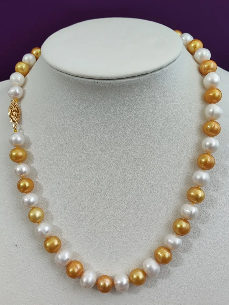 

Fashionable 18 inch 9-10mm AAAA+Natural South Sea Gold White Pearl Necklace with 14K Gold Buckle