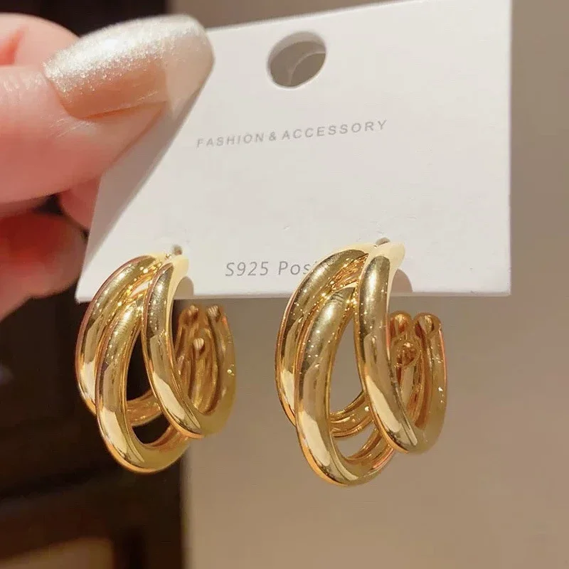 Einfache C-förmige Metall-Ohrhänger für Damen, Trendige Retro Dreischichtige Geometrische Tropfenohrringe, Runde Kreis-Schmuckstücke
