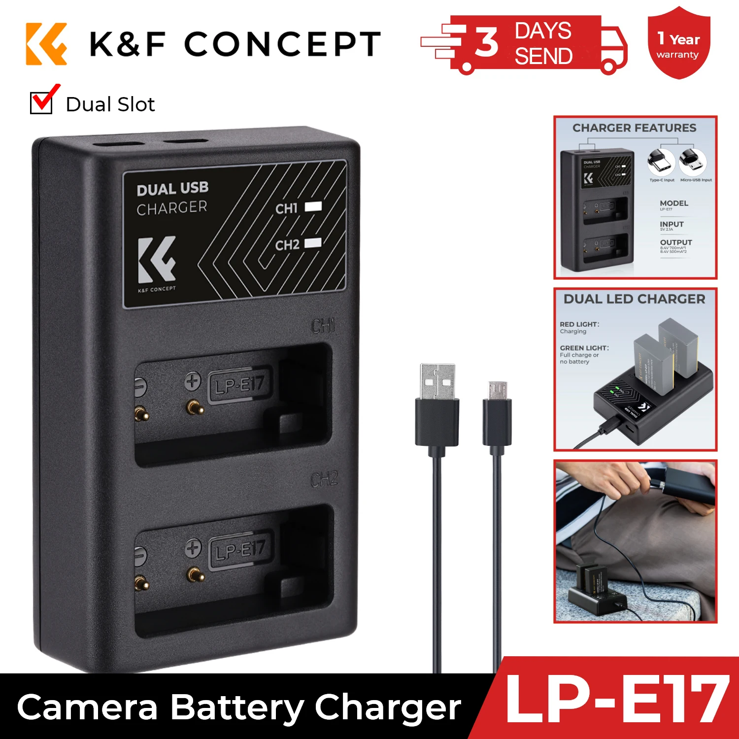 

K&F Concept LP-E17 Battery Charger Dual Slot Quick Charger for Canon EOS RP Rebel T8i T7i T6i T6s SL2 SL3 EOS M3 M5 200D Cameras