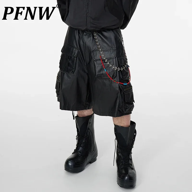 

PFNW Dark Style Men's Shorts Brushing Wax Multi-pocket Ribbon Solid Color Trousers Loose Stright Wide Leg Male Trousers 12C653