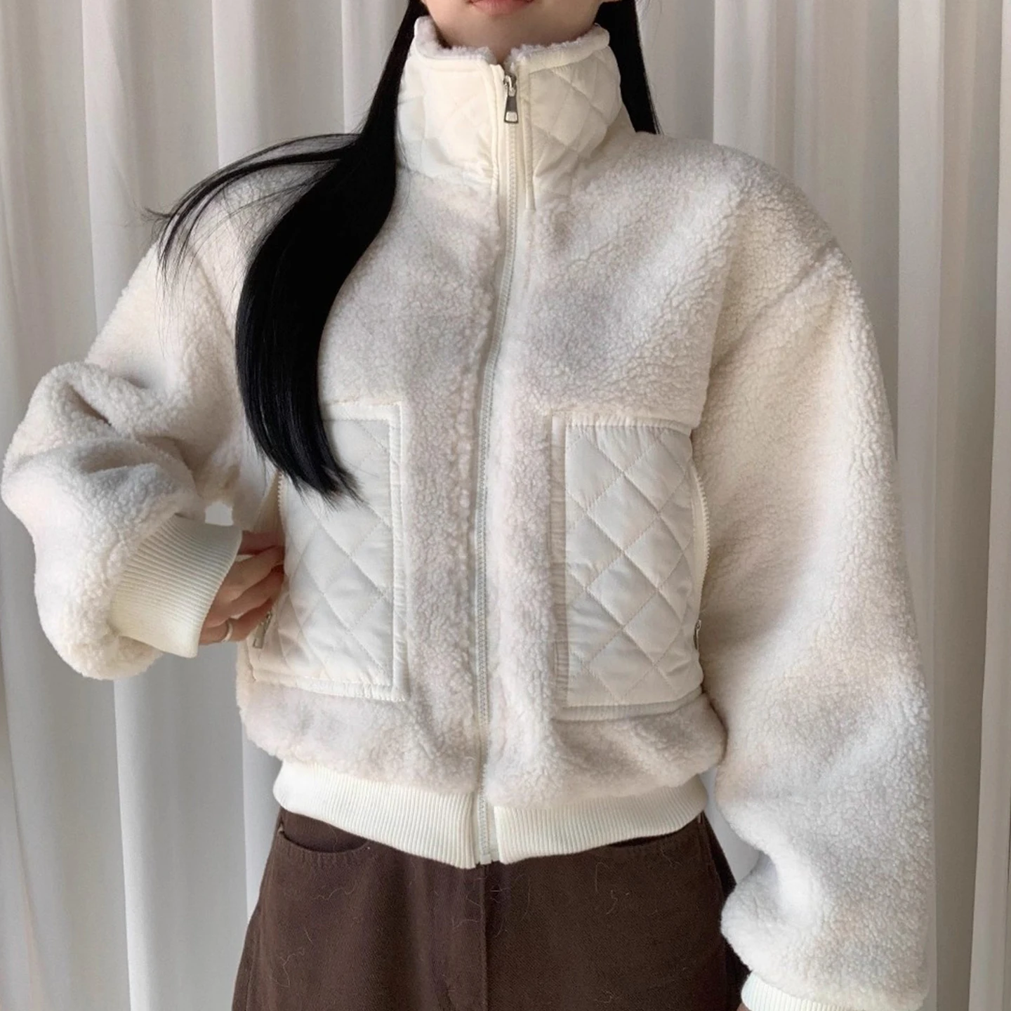 レトロな個性的なダイヤモンドジッパー付きラムファーのジャケット、レディースコットン服、冬の新作、通勤、韓国風...