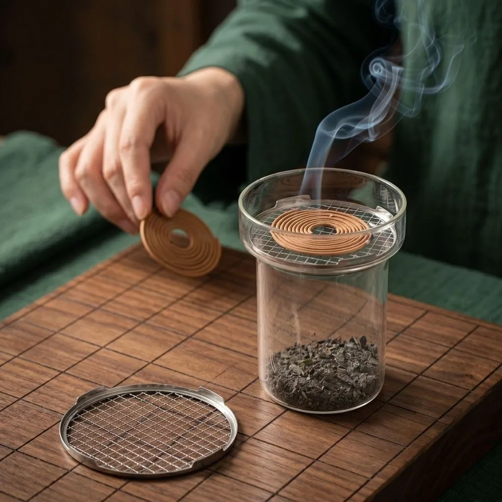 High-Temperature Resistant Incense Burner Anti Dust Metal Filter Screen Mosquito Coils Tray Glass Minimalist Fragrance Censer
