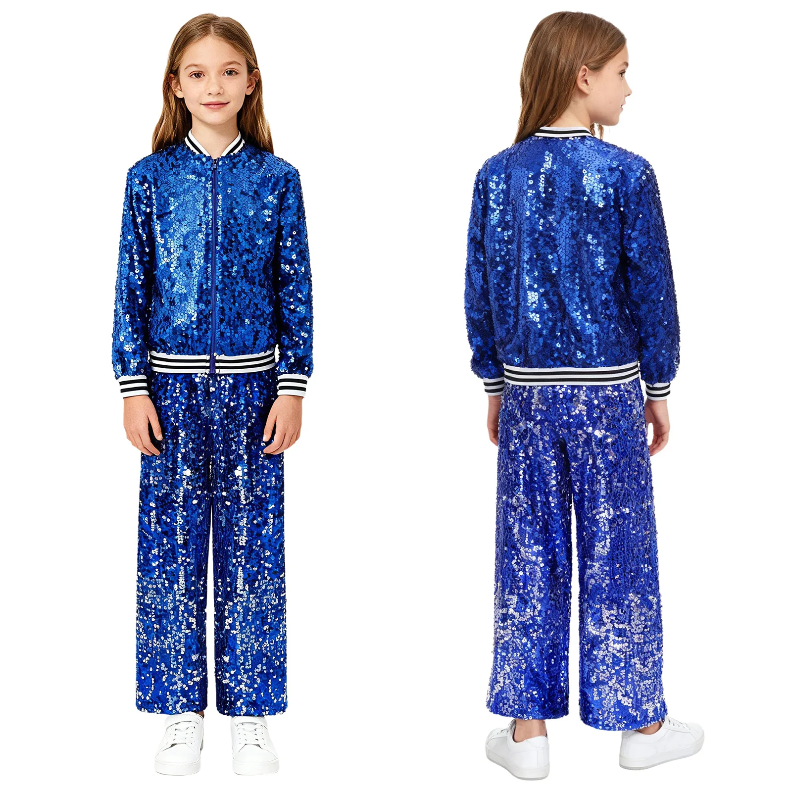 

Детский костюм для уличных танцев в стиле хип-хоп, джаз, блестящая бейсбольная куртка с пайетками и широкими брюками для школьной вечеринки, карнавала, фестиваля