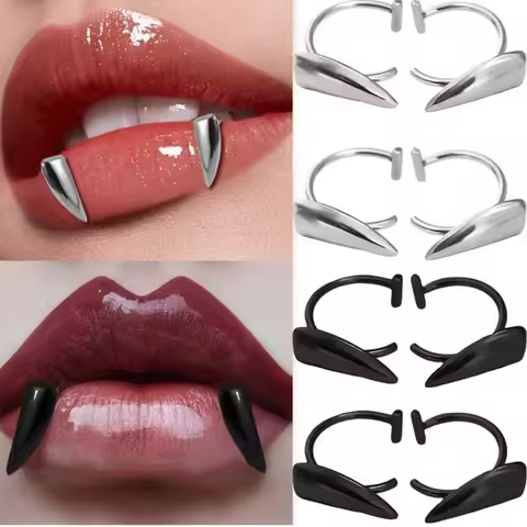 2PCS/Set Exaggerated Fake Lip Ring Non Piercing Stainless Steel Perforation-free Lip Cuff Silver Gold Gothic Body Jewelry Unisex