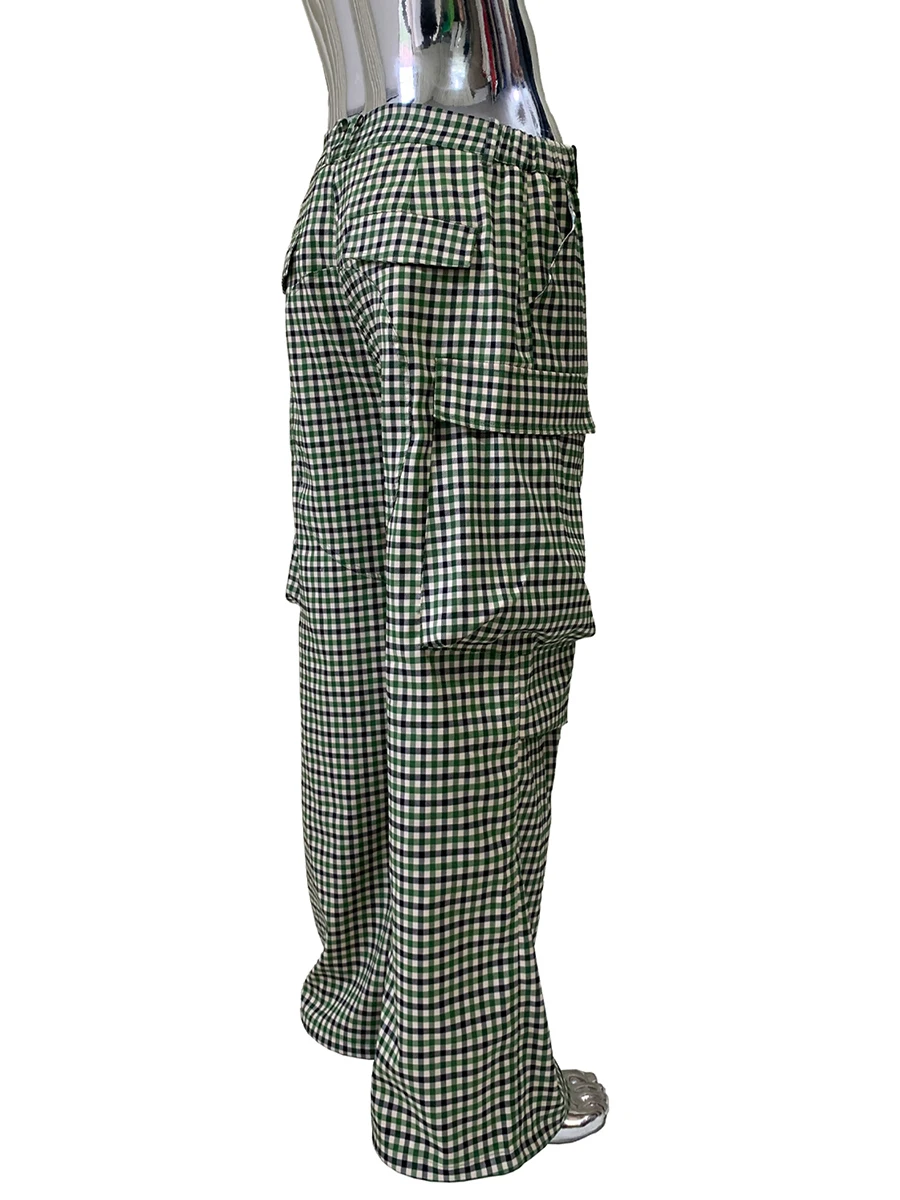 ربيع الخريف الملونة الأخضر منقوشة واسعة الساق السراويل البضائع للرجال جيوب ثلاثية الأبعاد شيك فاخر مصمم ايمو الملابس 2025 #5