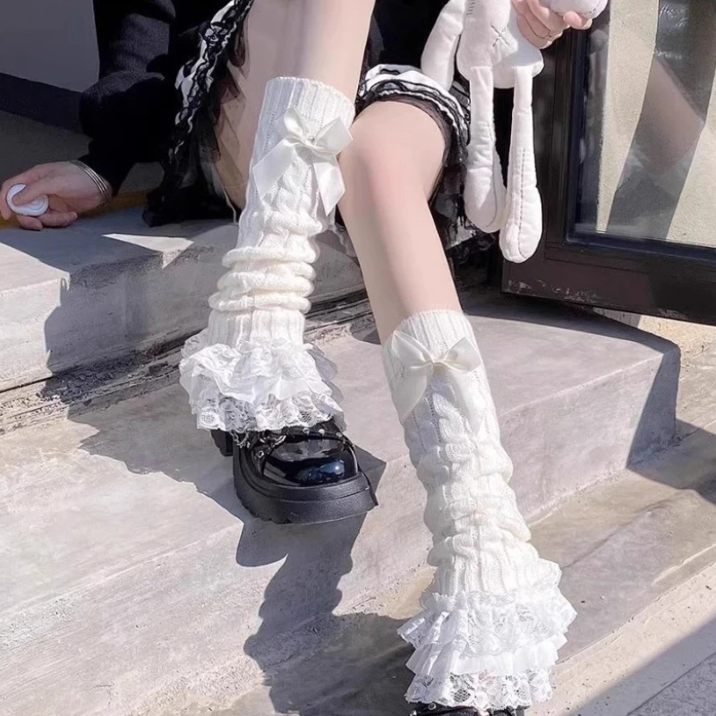 Women Autumn/Winter Sweet Lace Trim Bowknot Long Socks Stacked Socks Japanese Style JK Lolita Y2k Subculture Knitted Leg Warmers