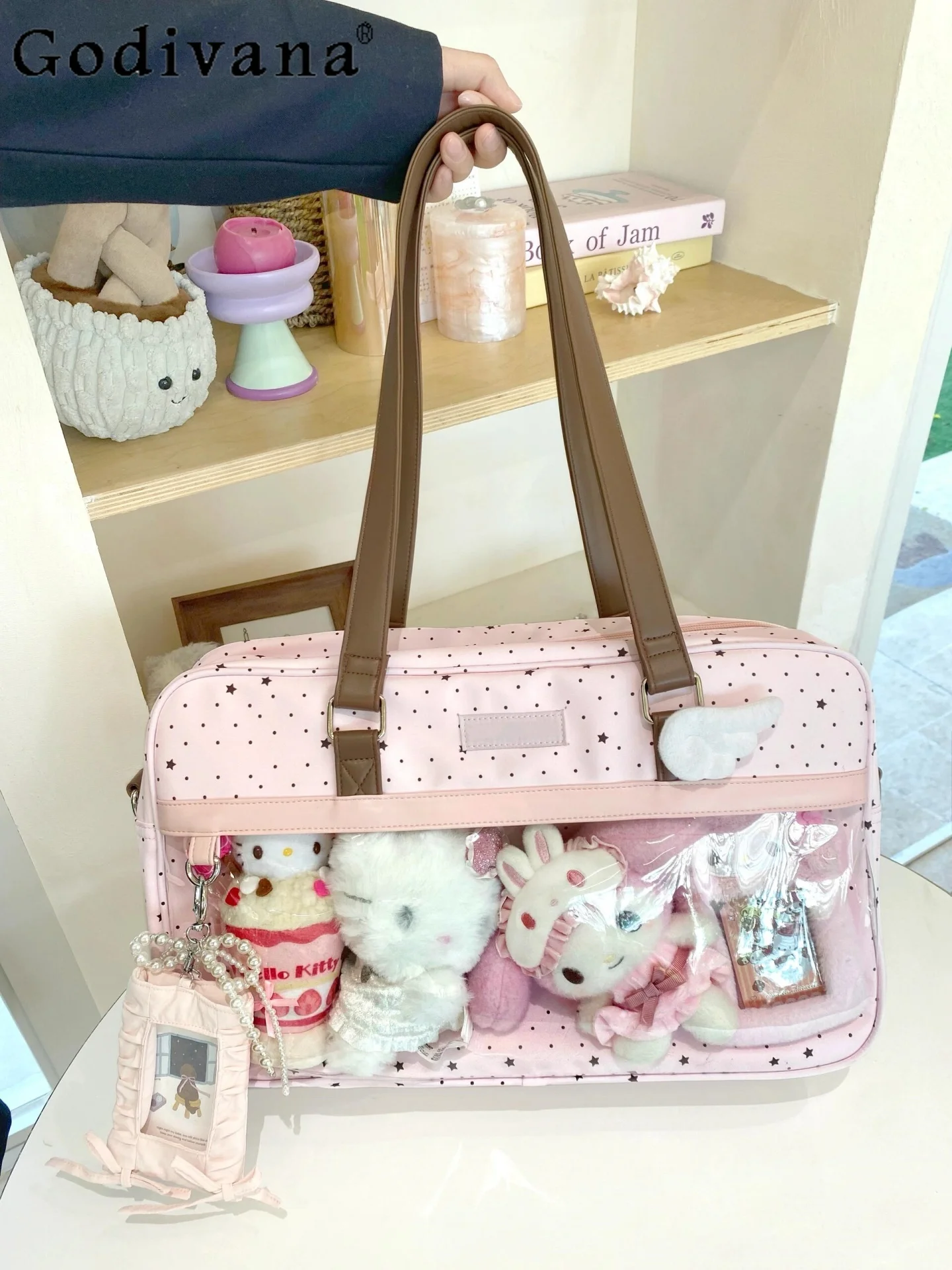 

2D JK Uniform Japanese Original Lolita Transparent Pain Bag Large Capacity Polka Dot Daily Cute Doll Bag Shoulder Bag for Women