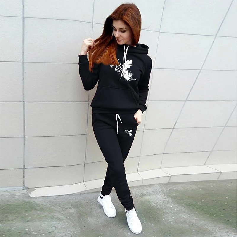 Women\'s solid color printed hoodie+sports pants two-piece sportswear track suit hooded jogging pants sports suit