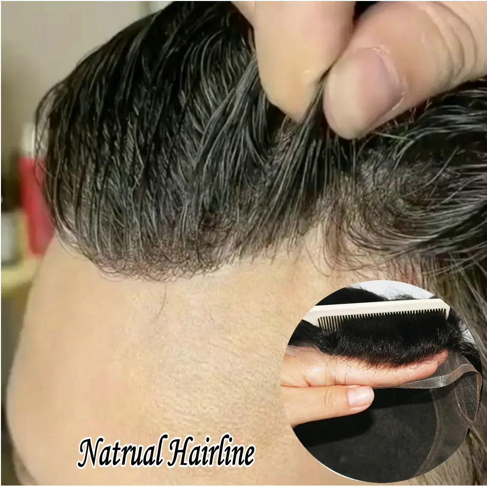 Peruca de linha fina natural masculina, HD transparente renda suíça, pele fina, base de PU, prótese de cabelo humano masculino, peruca respirável, 8x10 sistemas