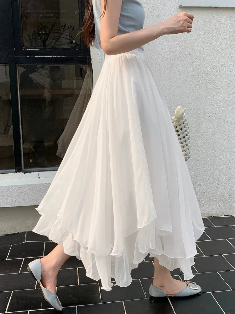 Skirt Pink Asymmetrical Tulle Lightweight Elastic Waist Elegant A Line Draped Flowing ChicSlimming Versatile Midi Umbrella Dress