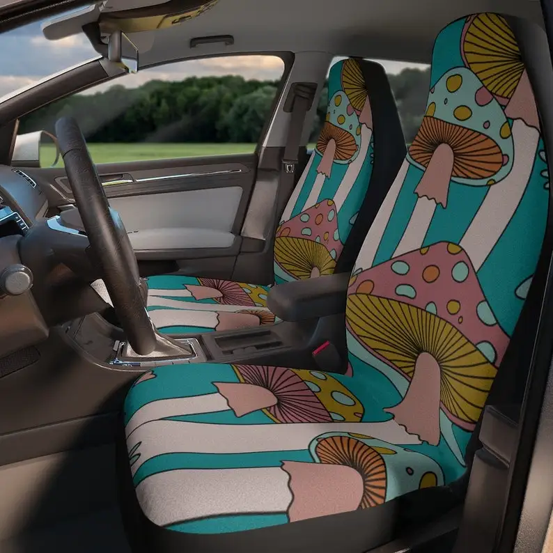 70's Trippy Hippie, Magic Mushroom, Funky Aqua Blue, Retro Mid Mod, Fairy Core Car Seat Covers