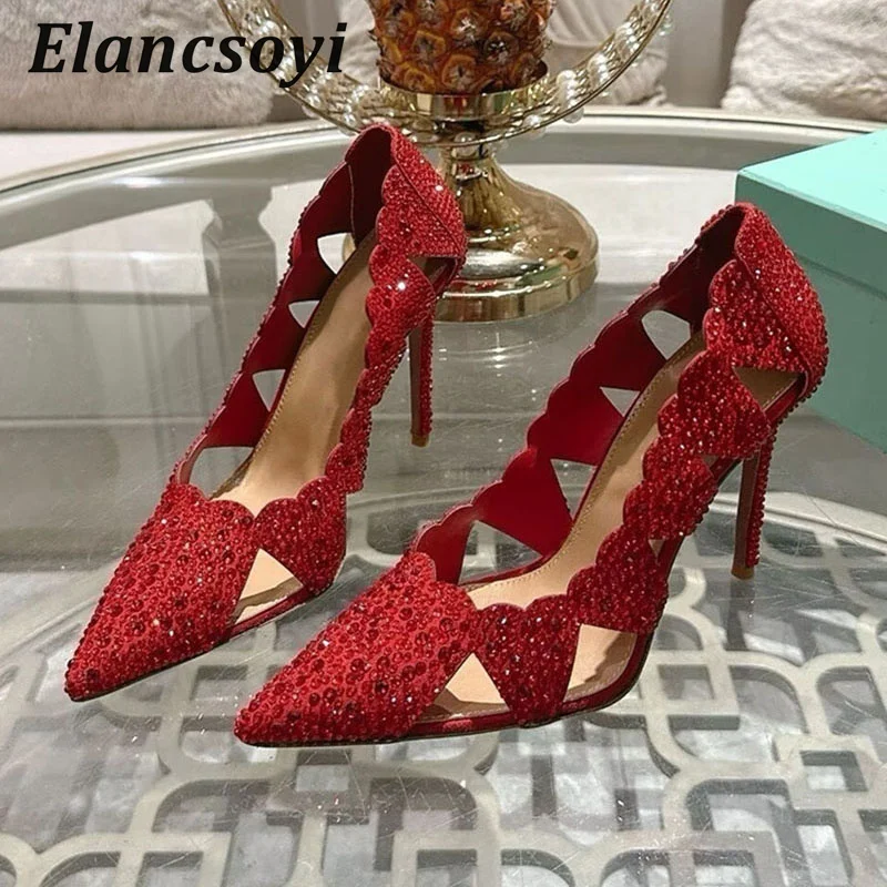 Pumps Women's Full Rhinestone Hollow Outs High Heels Shoes Pointed Toe Thin Heels Single Shoes Summer Fashion Runway Shoes