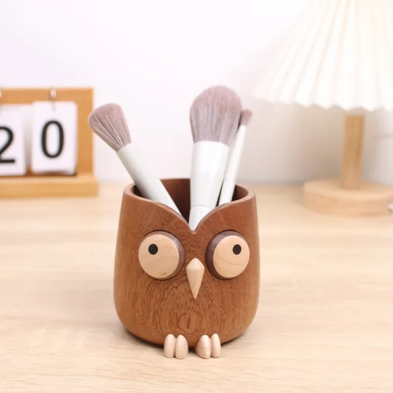 

Lovely Owl Storage Box Wooden Pen Holder Container Office Tabletop Stationery Finishing Storage Makeup Brush Organizer Bucket