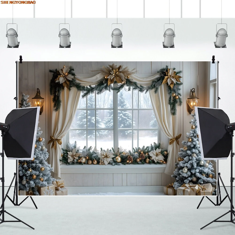 Winter Christmas Photography Background White Window Xmas Tree Gifts Wreath Kids Family Portrait Photocall Background Decor Prop