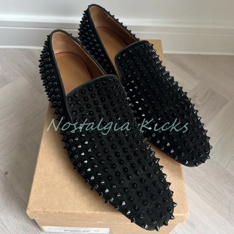 Designer Punk Style Black Suede Full Studded Loafers for Men Metal Studs Daily Flat Male Shoes Soft Leather Slip On Dress Shoes - Image 4