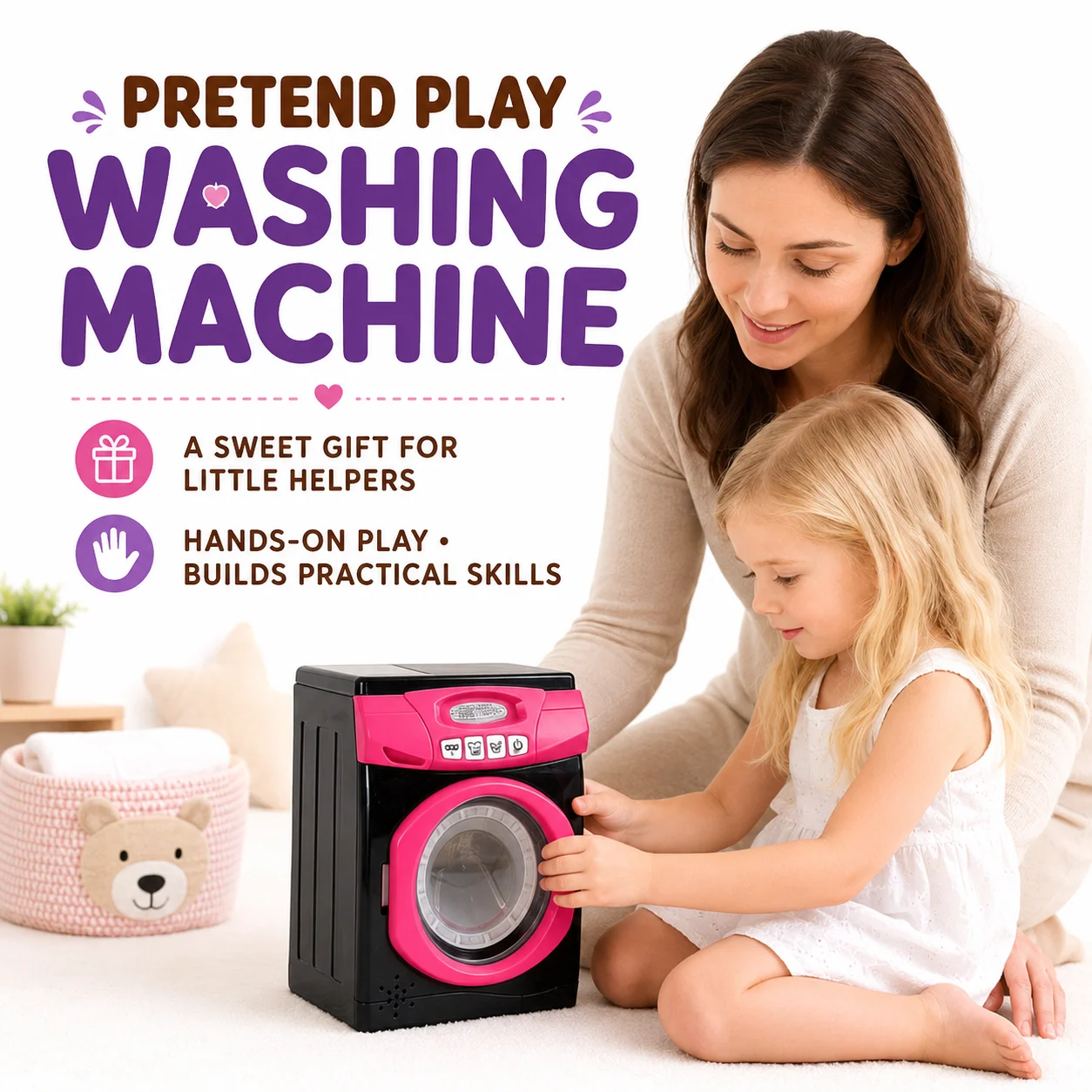

Simulation Washing Machine Toy Rotatable Drum With Sound Effect Laundry Accessories Set For 18M+ Kids