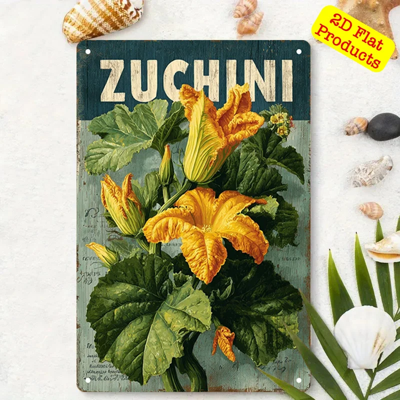 2D Flat, 1pc Vintage Zucchini & Cucumber (or Squash) Botanical Aluminum Sign - Turquoise Green Retro Wall Art with ZUCCHINI Text