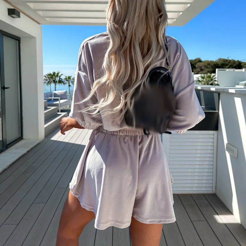 Women Solid Half Sleeve Tops and Short Two Pieces Set 2023 Elegant Velvet Sports Suit Ladies Summer Fashion Elastic Waist Set