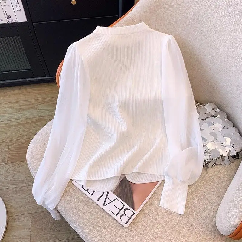 Knitting Patchwork Chiffon Slit Hem Blouse Spring Long Sleeve V Neck Solid Elegant Shirt Tops Fashion Temperament Women Clothing