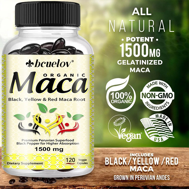 Maca Root Capsules 1500mg Black Red Yellow Maca Blend, Boost Energy, Vitality & Endurance, Muscle Repair & Athletic Performance