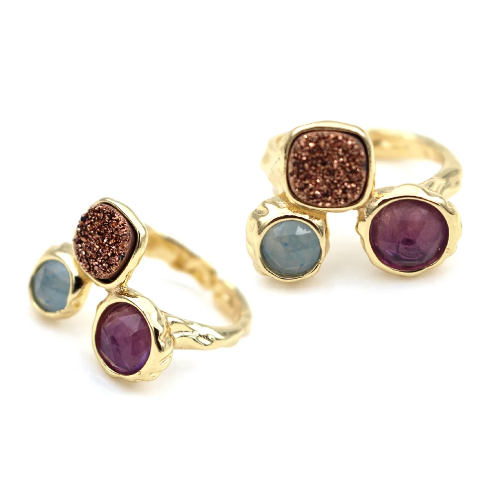 3pc Colorful Natural Stones Rings Healing Crystal Quartz Geode Drusy Gemstone Adjustable Open Finger Ring for Women Gift