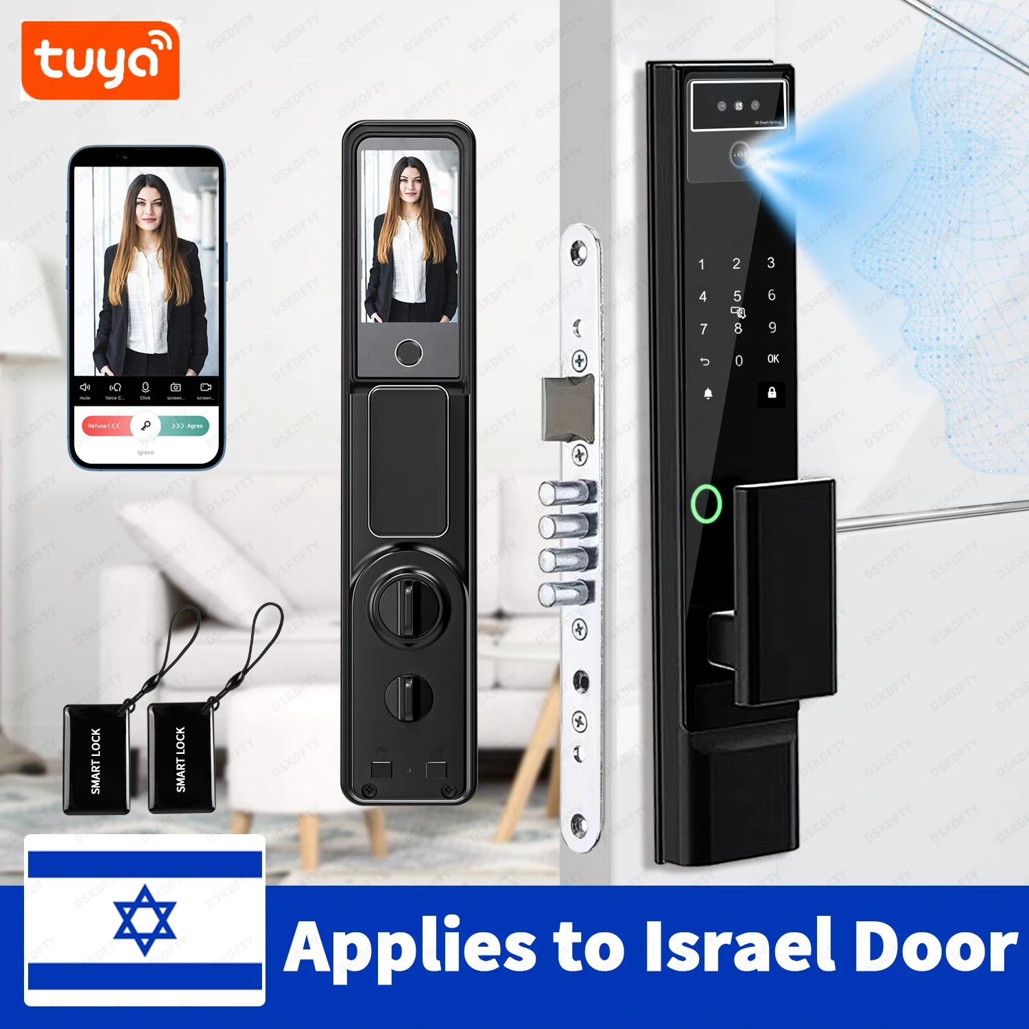 High Quality Tuya Smart 3d Face ID With Camera Video Intercom Fingerprint Digital Smart Lock Door For Israeli Mortise Market