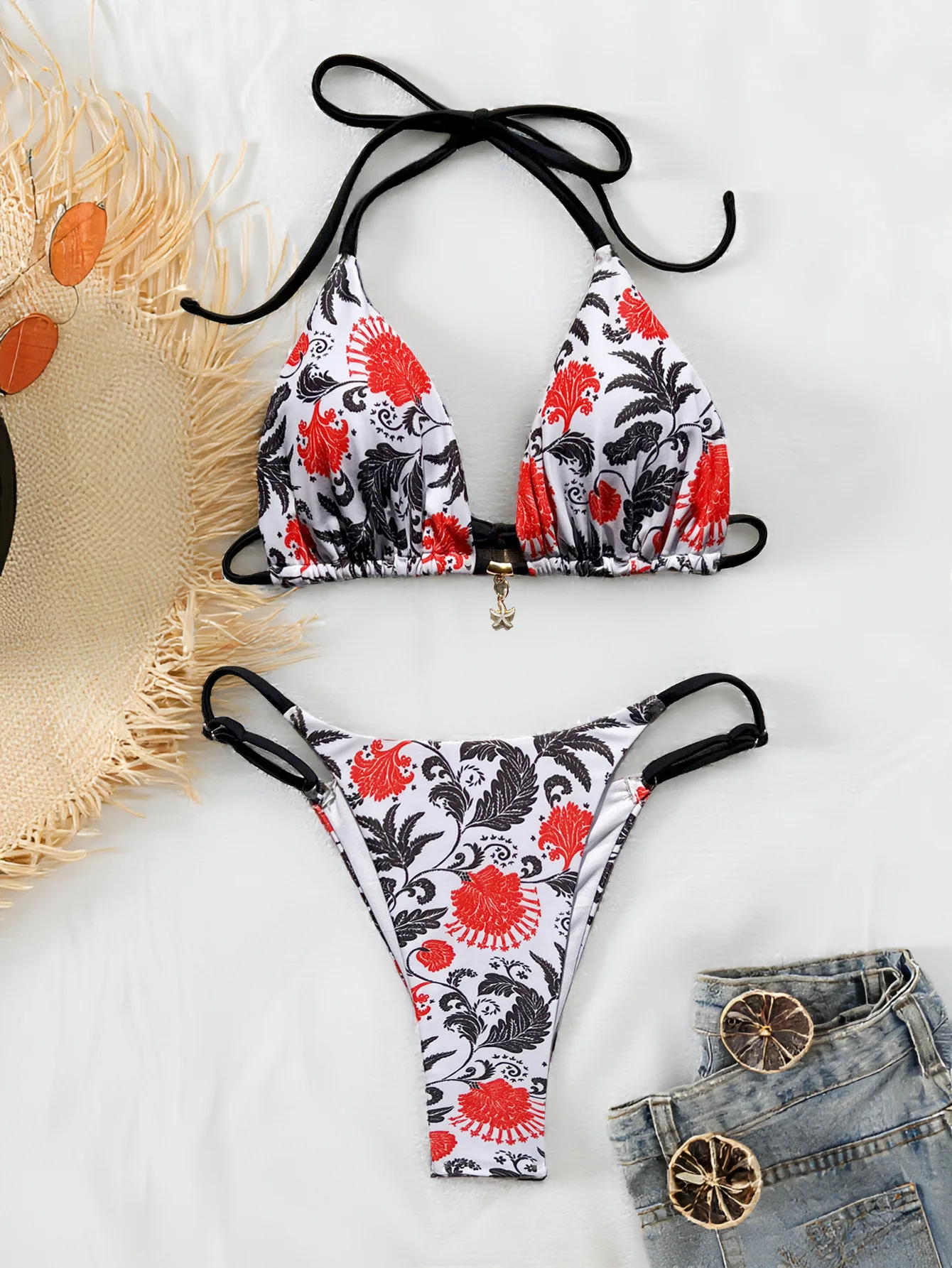 

sexy flower print white halter tie bikinis sets two pieces thong swimwear swimsuits bathing suit biquini tankini