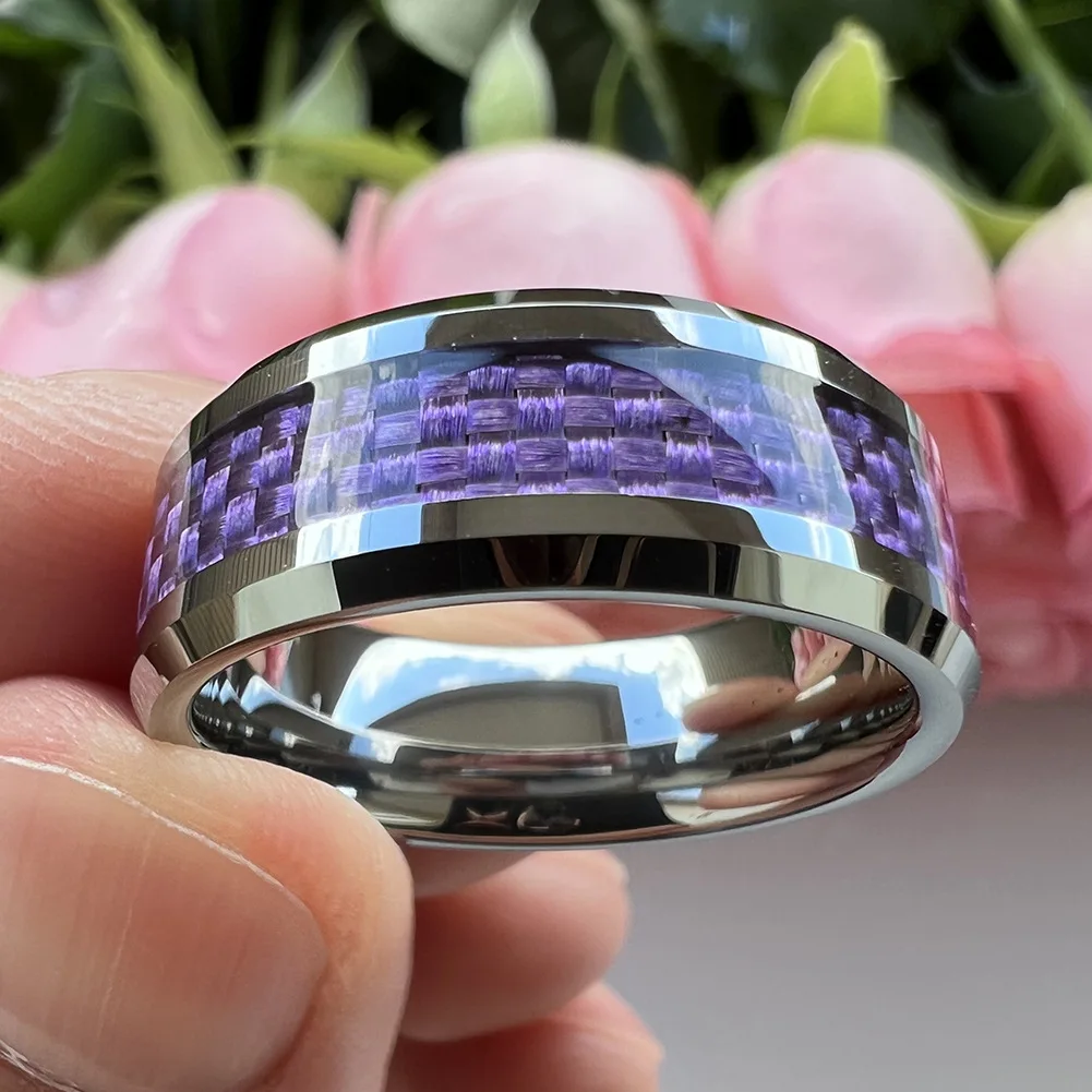 Mens 8mm Silver Tungsten Carbide Wedding Band Engagement Rings for Men Women Purple Carbon Fiber Inlay Beveled Edges Comfort Fit